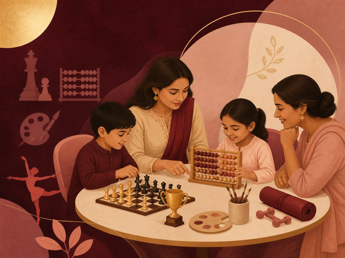 Children, teachers and parents enjoying chess, abacus, arts and fitness activities